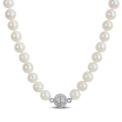Belk & Co Lab Created 9-11mm Freshwater Cultured Edison Pearl & White Sapphire Necklace in Sterling Silver