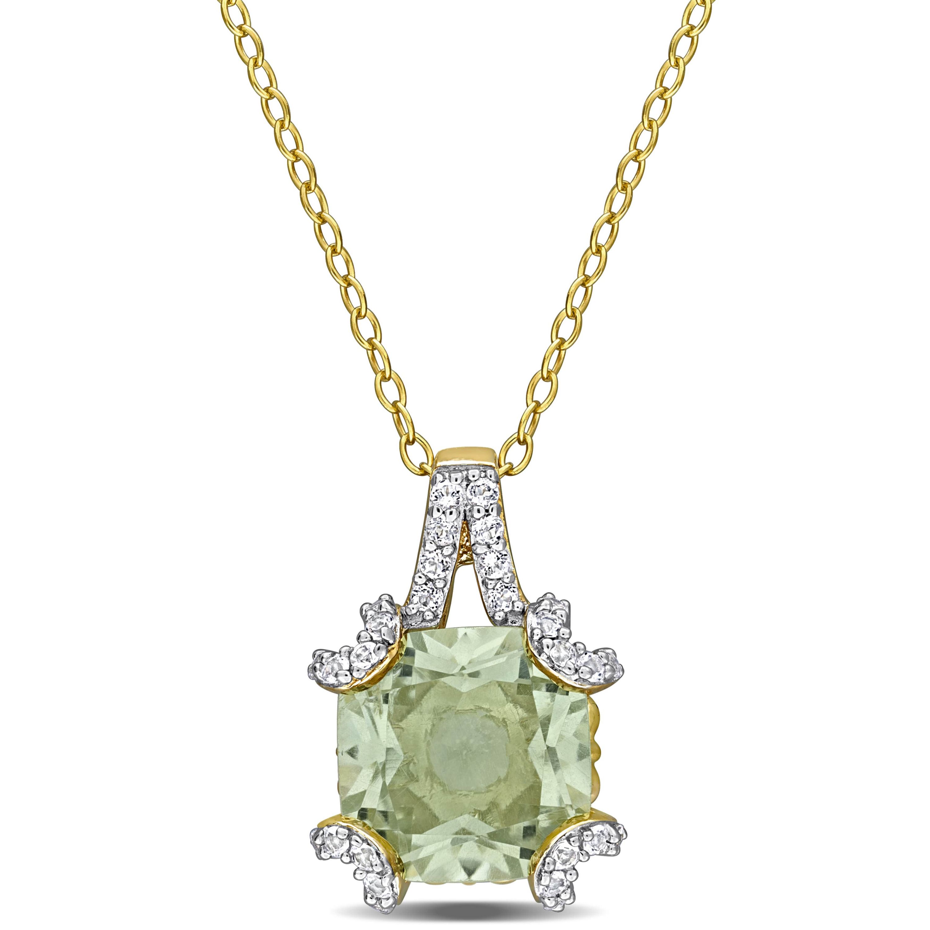 Green Quartz & White Topaz Pendant with Chain in Yellow Plated Sterling Silver