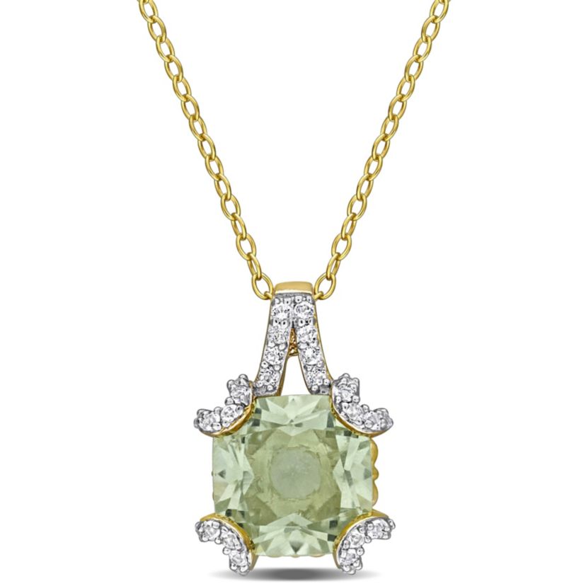 Green Quartz & White Topaz Pendant with Chain in Yellow Plated Sterling Silver