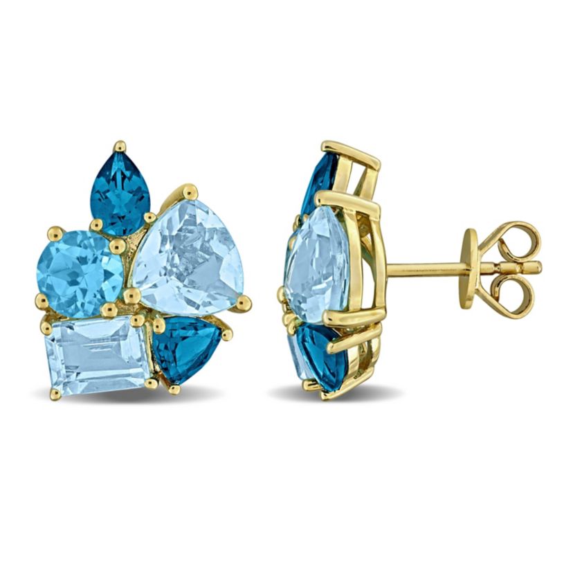 Sky, London & Swiss Blue Topaz Post Earrings in Yellow Plated Sterling Silver