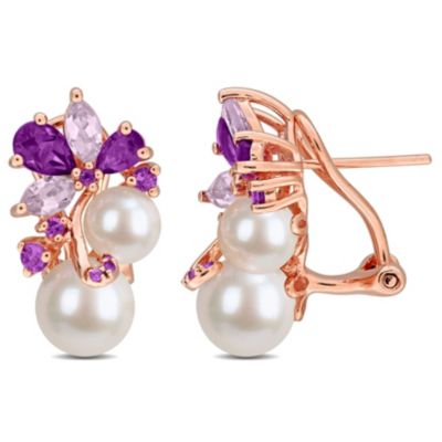 Belk & Co Amethyst-Africa Rose de France And White Freshwater Cultured Pearl Fashion Post Earrings in Rose Plated Sterling Silver