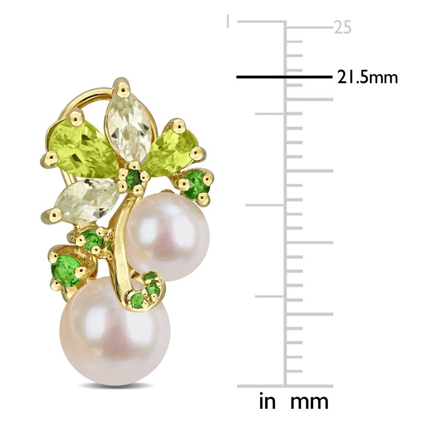 Peridot, Green Quartz Tsavorite & Freshwater Cultured Pearl Post Earrings in Yellow Plated Sterling Silver