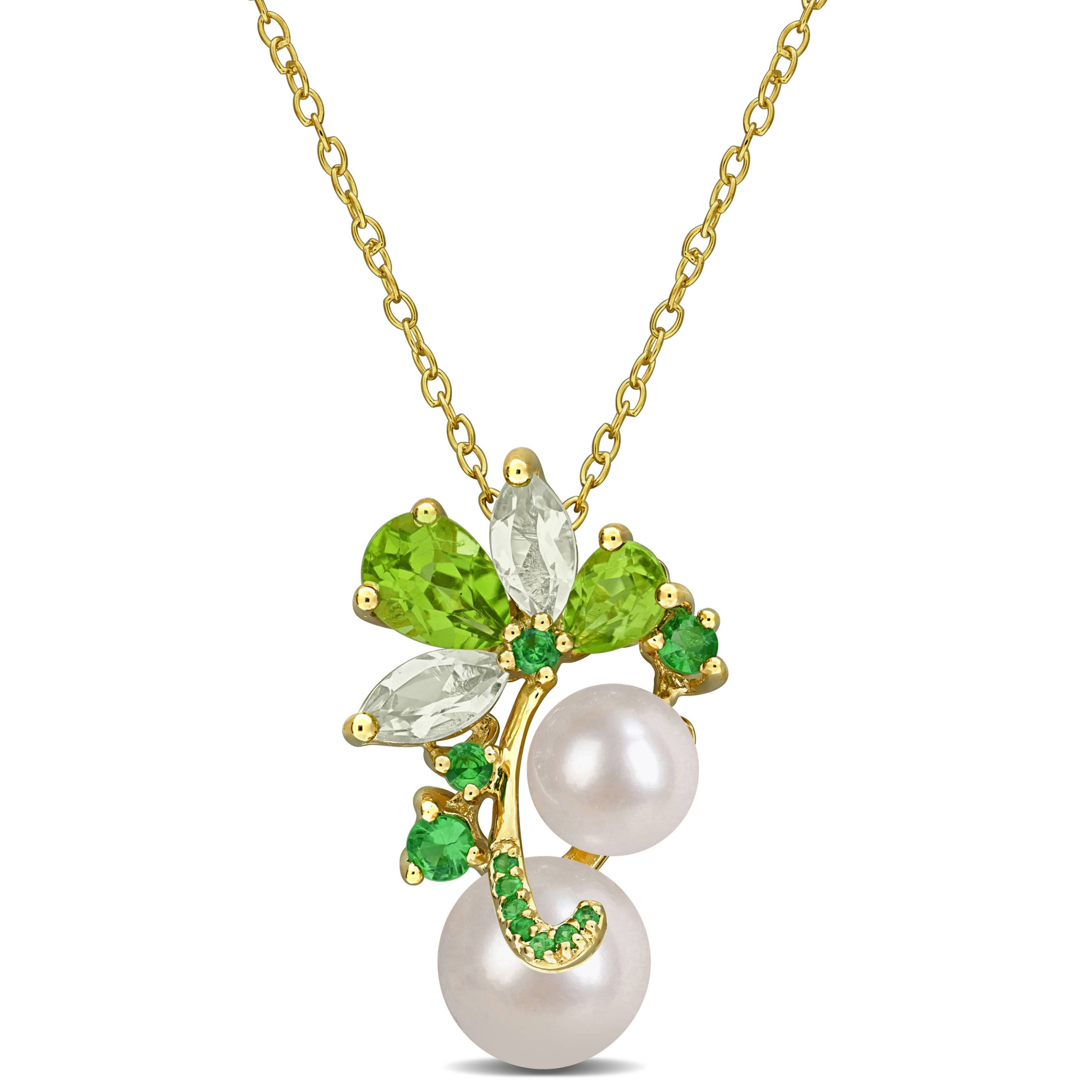 Peridot, Green Quartz Tsavorite & Freshwater Cultured Pearl Pendant With Chain in Yellow Plated Sterling Silver