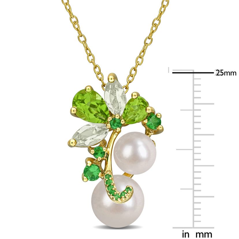 Peridot, Green Quartz Tsavorite & Freshwater Cultured Pearl Pendant With Chain in Yellow Plated Sterling Silver