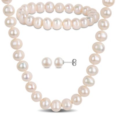 Belk & Co 3-Pc Set of 8-9mm Freshwater Cultured Pearl Necklace, Bracelet & Earrings Set in Sterling Silver