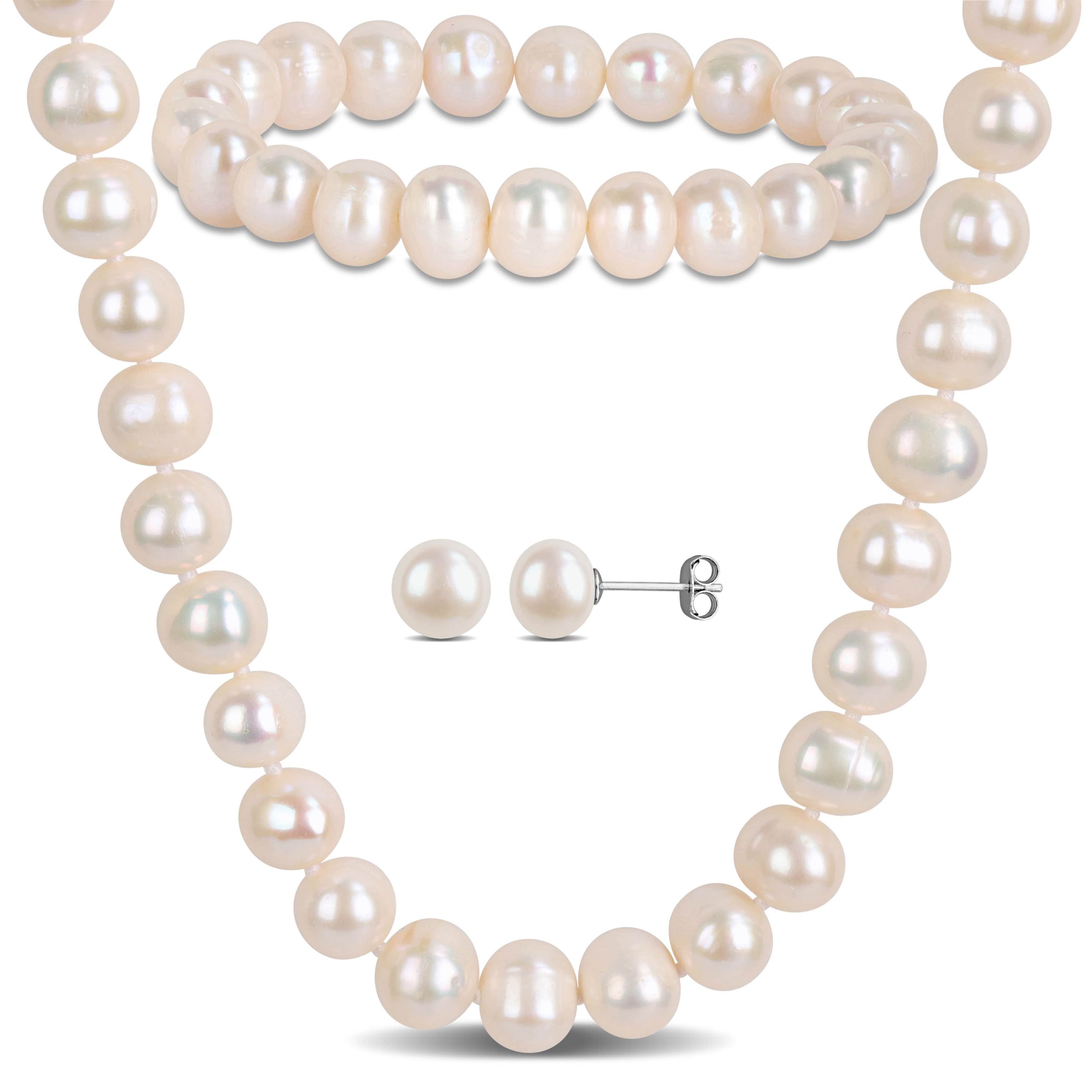 3-Pc Set of 8-9mm Freshwater Cultured Pearl Necklace, Bracelet & Earrings Set in Sterling Silver