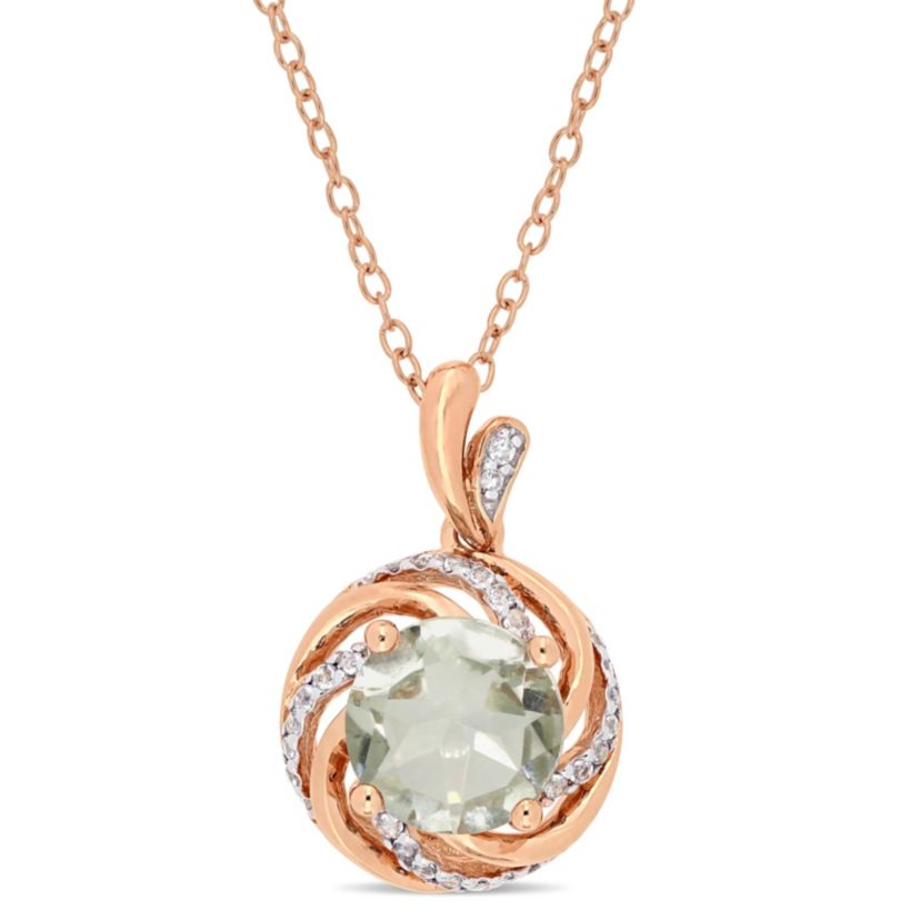 Diamond & Green Quartz & White Topaz Pendant with Chain in Rose Plated Sterling Silver