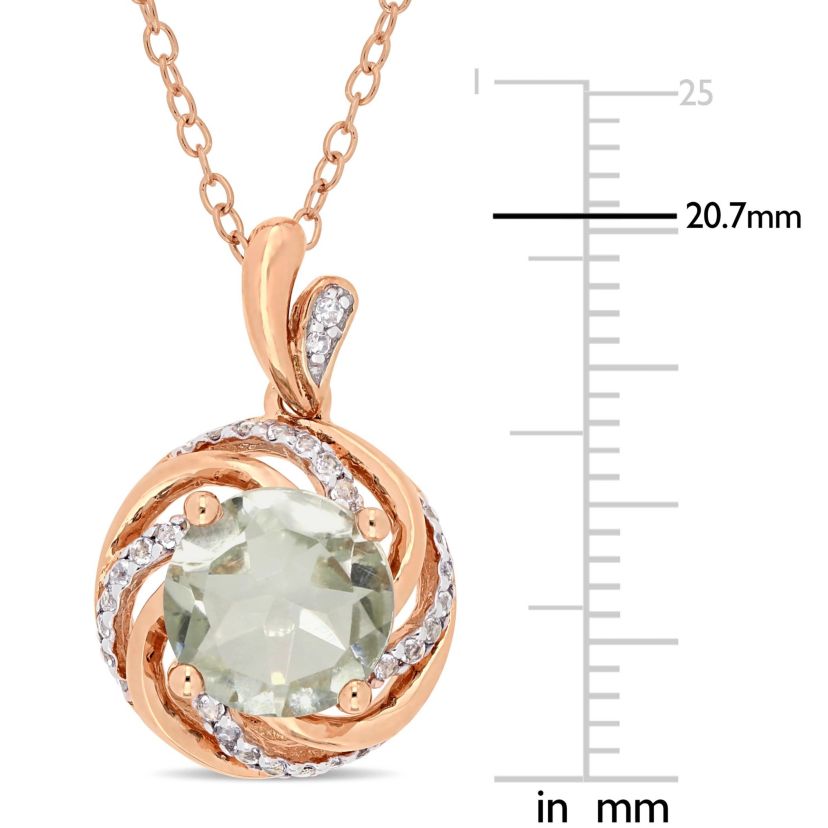 Diamond & Green Quartz & White Topaz Pendant with Chain in Rose Plated Sterling Silver
