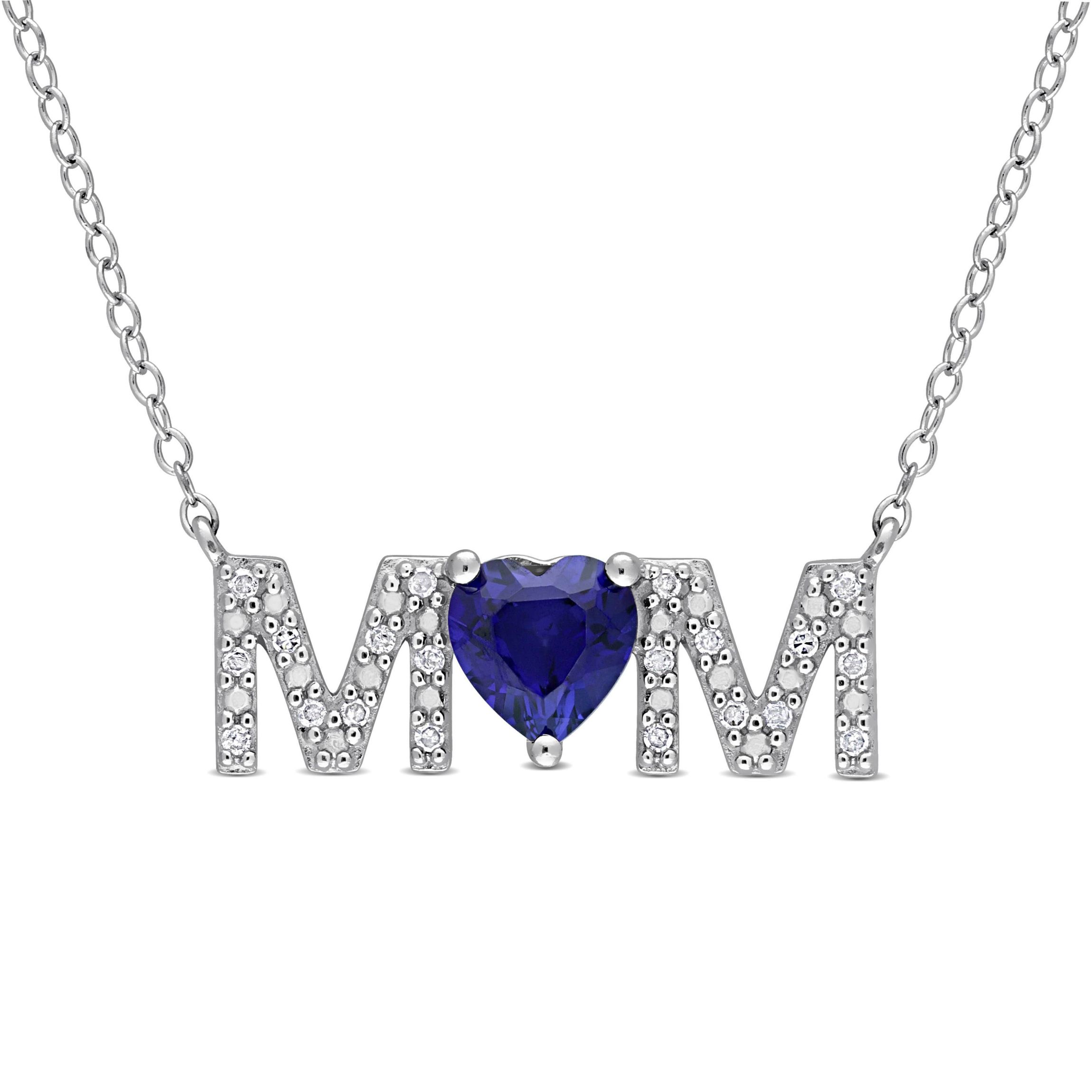 Lab Created Diamond & Created Blue Sapphire Pendant with Chain in Sterling Silver