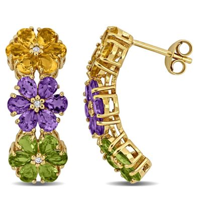 Belk & Co Amethyst, Citrine, Peridot & White Topaz Flower Design Drop Earrings in Yellow Plated Sterling Silver