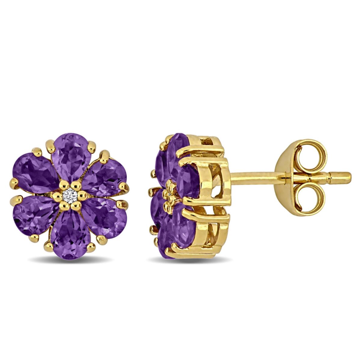 Amethyst & White Topaz Flower Design Stud Earrings in Yellow Plated Sterling Silver