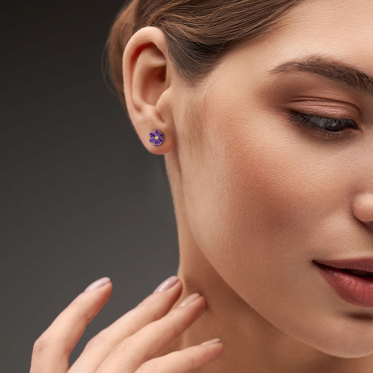 Amethyst & White Topaz Flower Design Stud Earrings in Yellow Plated Sterling Silver