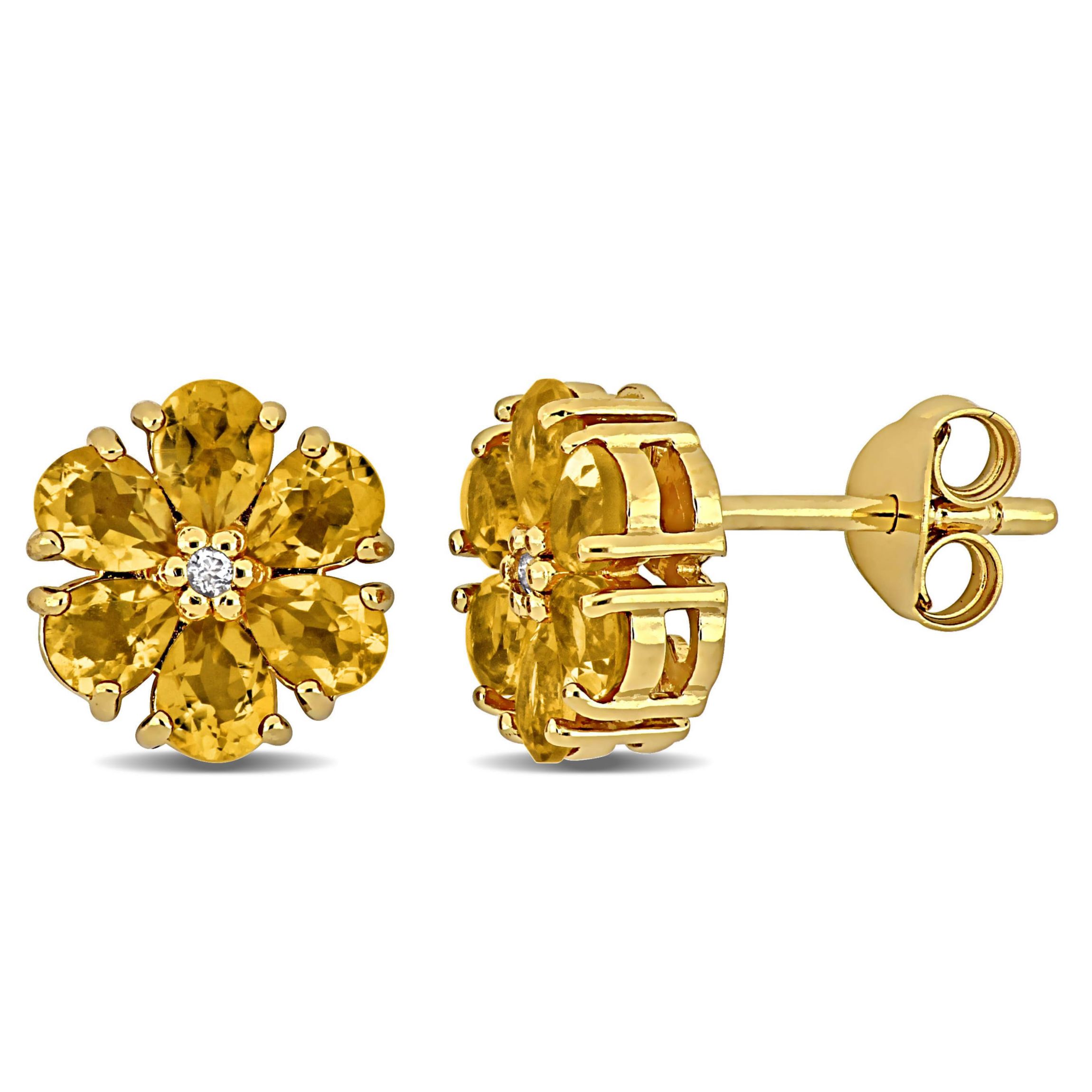 Citrine & White Topaz Flower Design Stud Earrings in Yellow Plated Sterling Silver