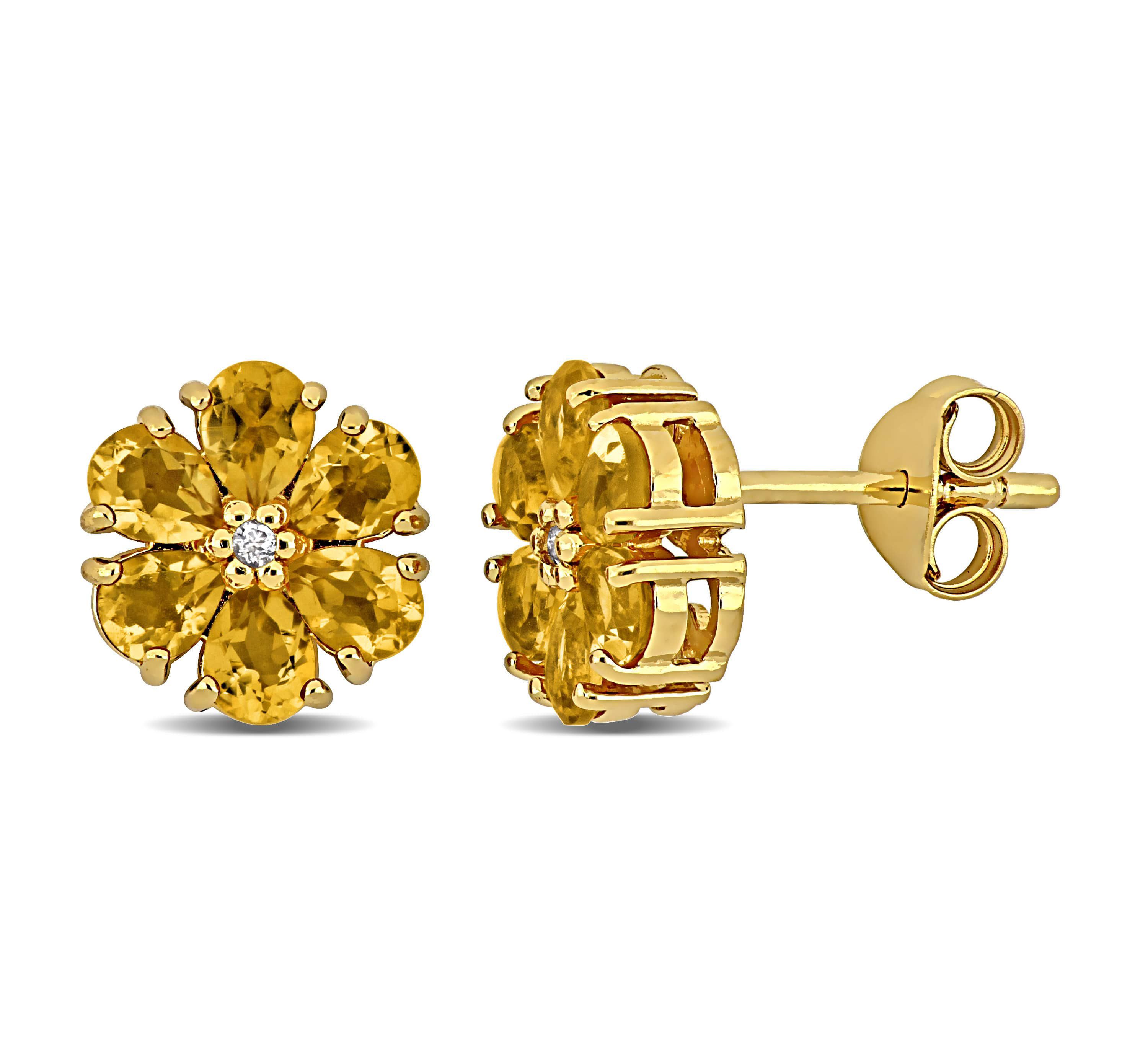 Citrine & White Topaz Flower Design Stud Earrings in Yellow Plated Sterling Silver