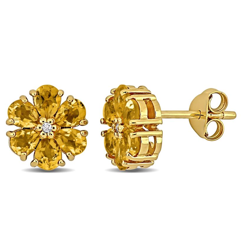 Citrine & White Topaz Flower Design Stud Earrings in Yellow Plated Sterling Silver