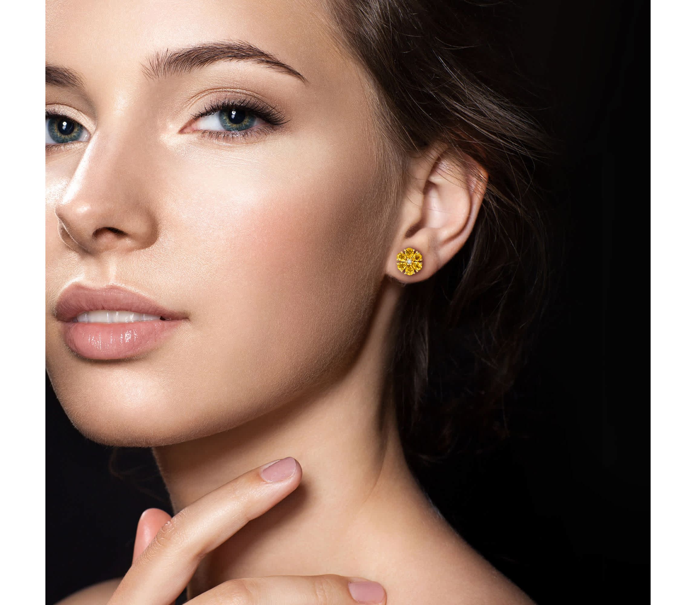 Citrine & White Topaz Flower Design Stud Earrings in Yellow Plated Sterling Silver