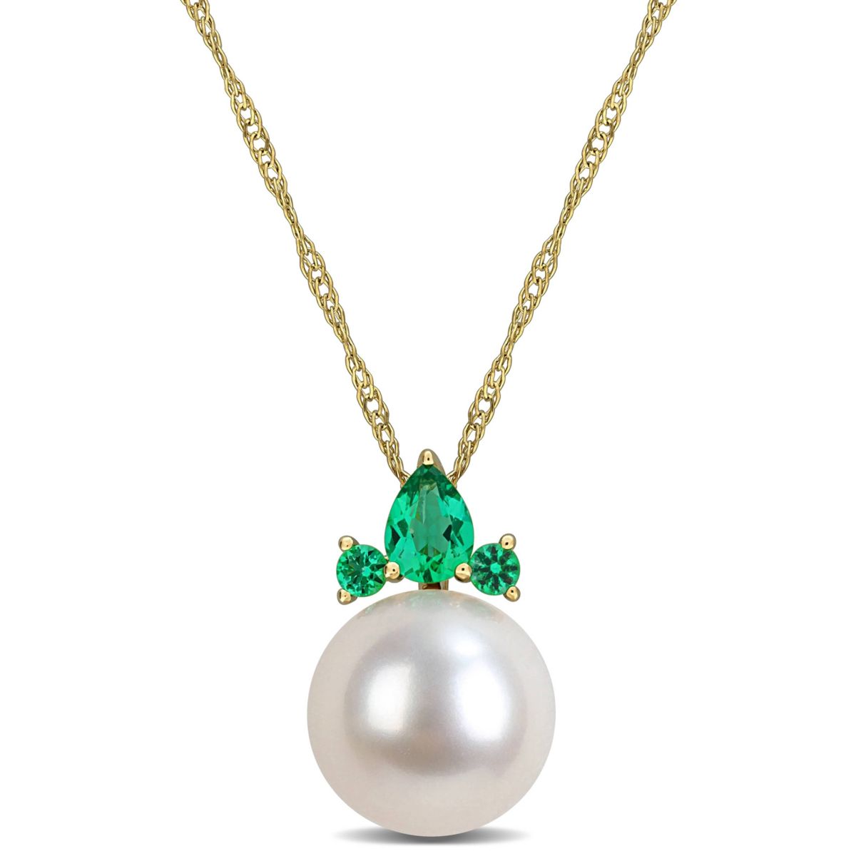 Lab Created Created Emerald & 8-8.5mm Freshwater Cultured Pearl Pendant with Chain in 14K Yellow Gold