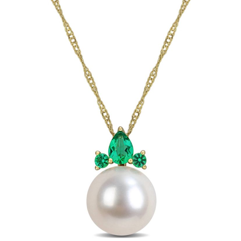 Lab Created Created Emerald & 8-8.5mm Freshwater Cultured Pearl Pendant with Chain in 14K Yellow Gold