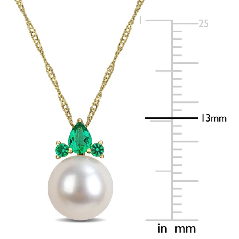 Lab Created Created Emerald & 8-8.5mm Freshwater Cultured Pearl Pendant with Chain in 14K Yellow Gold