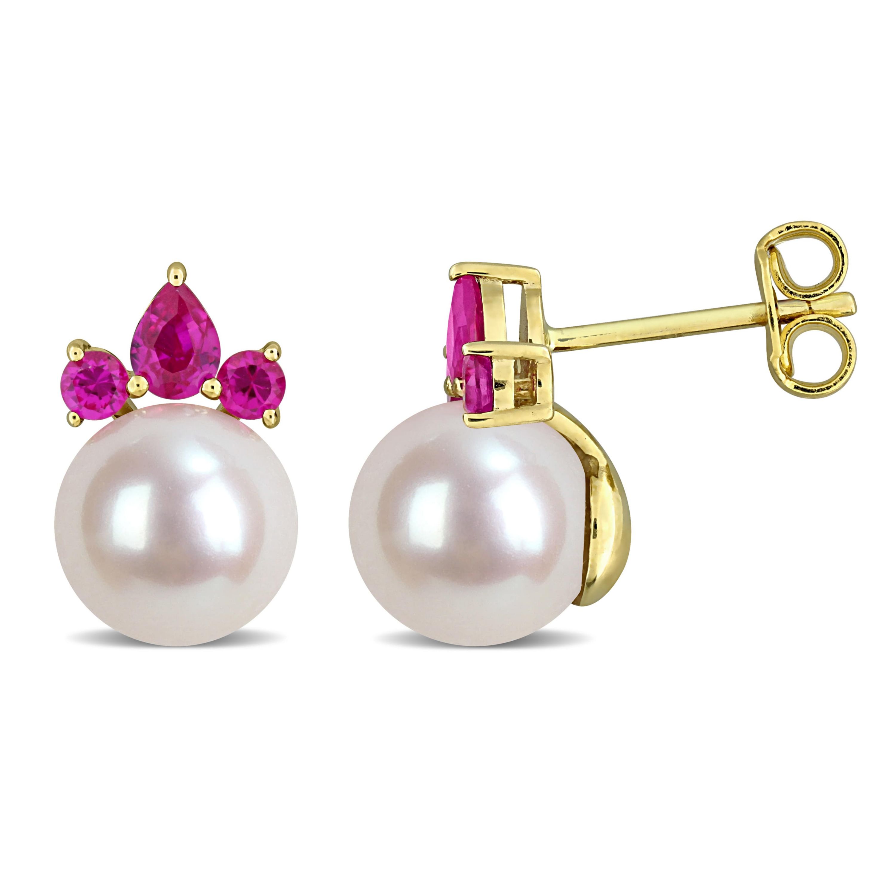 Lab Created Created Ruby & 8-8.5mm Freshwater Cultured Pearl Post Earrings in 14K Yellow Gold