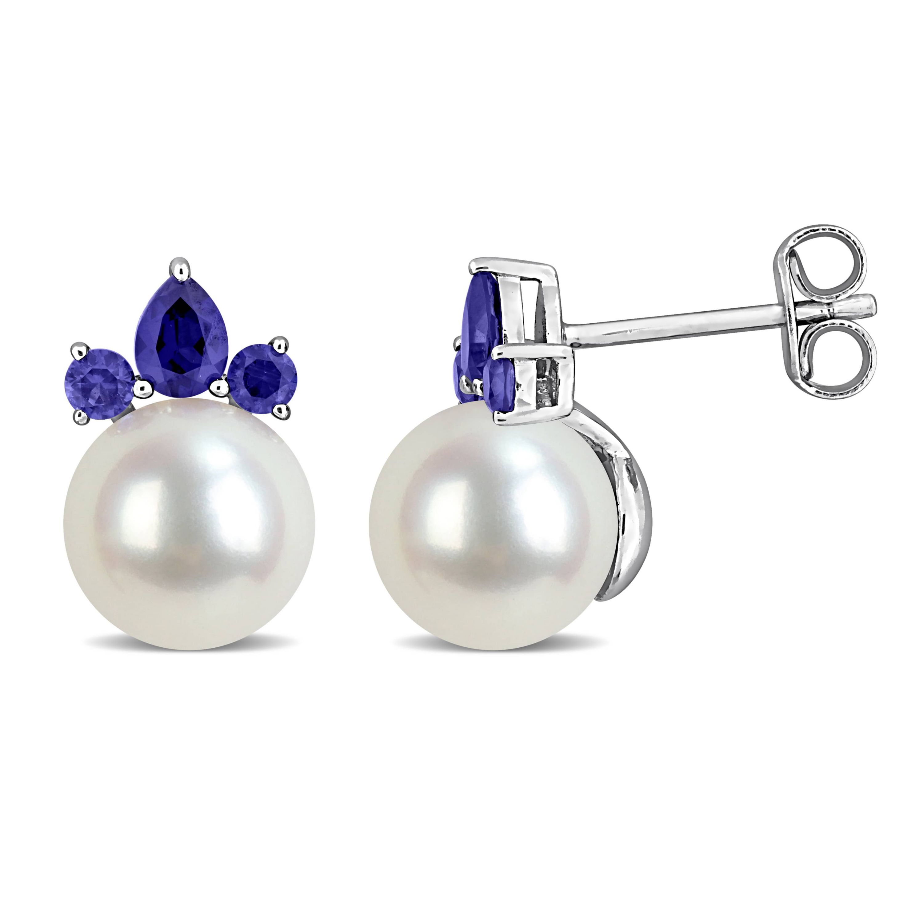Lab Created Created Blue Sapphire & 8-8.5mm Freshwater Cultured Pearl Post Earrings in 14K White Gold