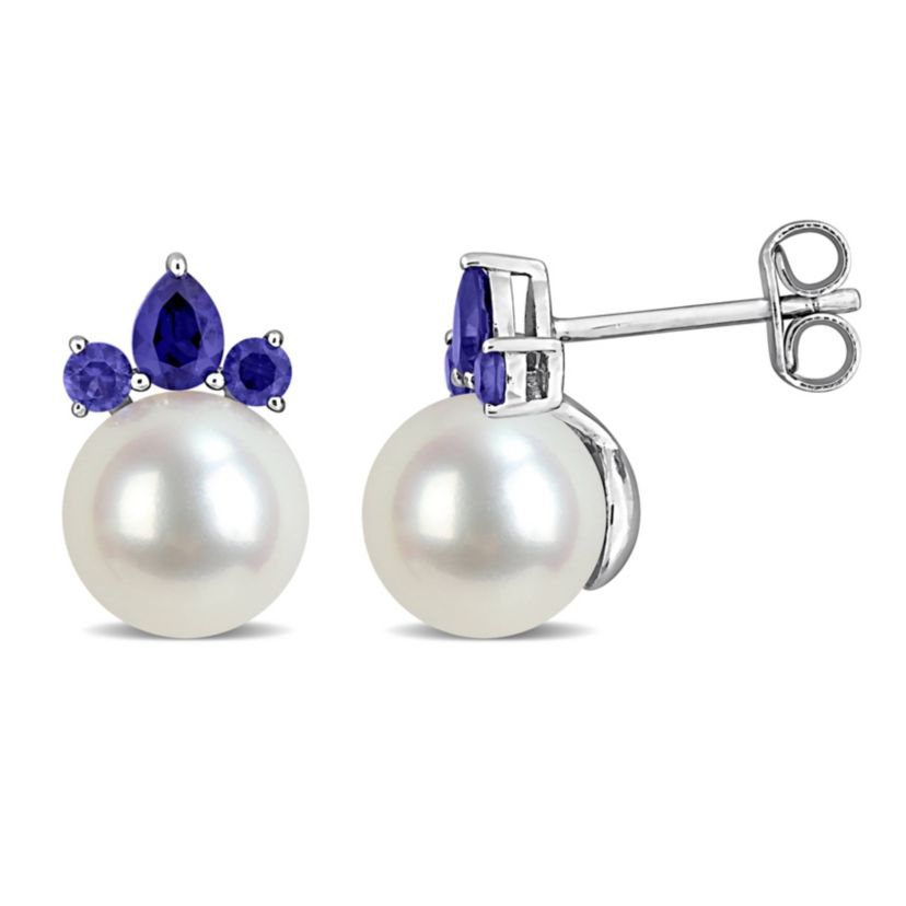 Lab Created Created Blue Sapphire & 8-8.5mm Freshwater Cultured Pearl Post Earrings in 14K White Gold