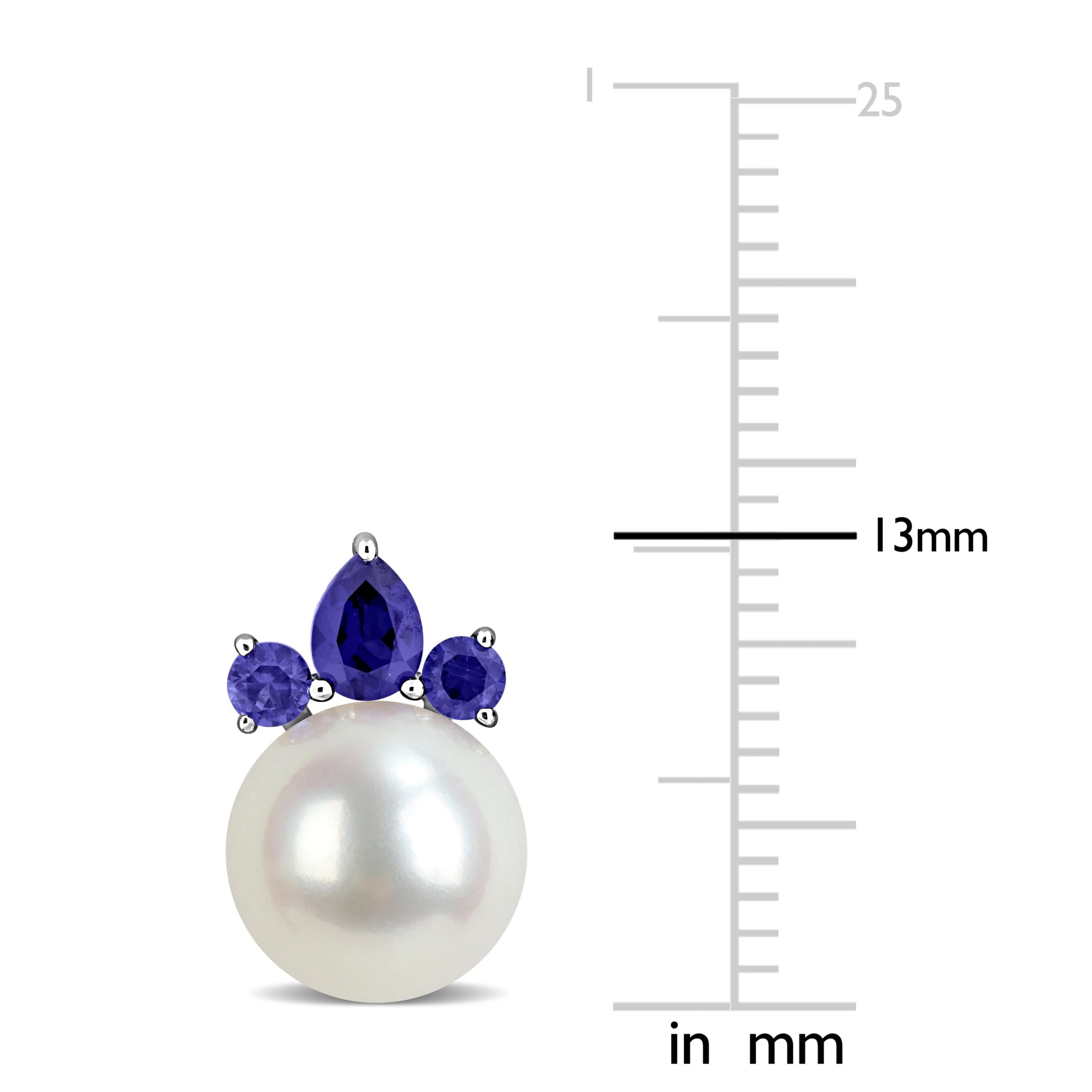 Lab Created Created Blue Sapphire & 8-8.5mm Freshwater Cultured Pearl Post Earrings in 14K White Gold