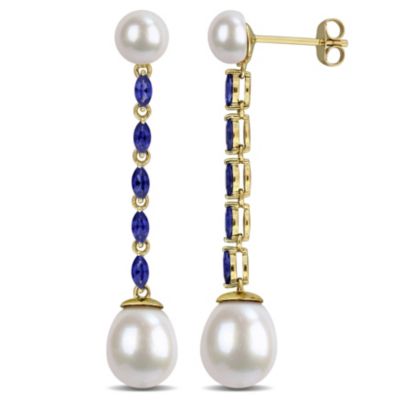 Belk & Co Lab Created Blue Sapphire & Freshwater Cultured Pearl Post Earrings in 10K Yellow Gold