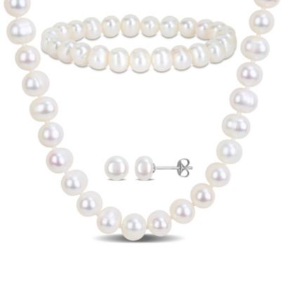 Belk & Co 3-Piece Set of 7-8mm Freshwater Cultured Pearl Necklace, Bracelet & Earrings Set in Sterling Silver, White
