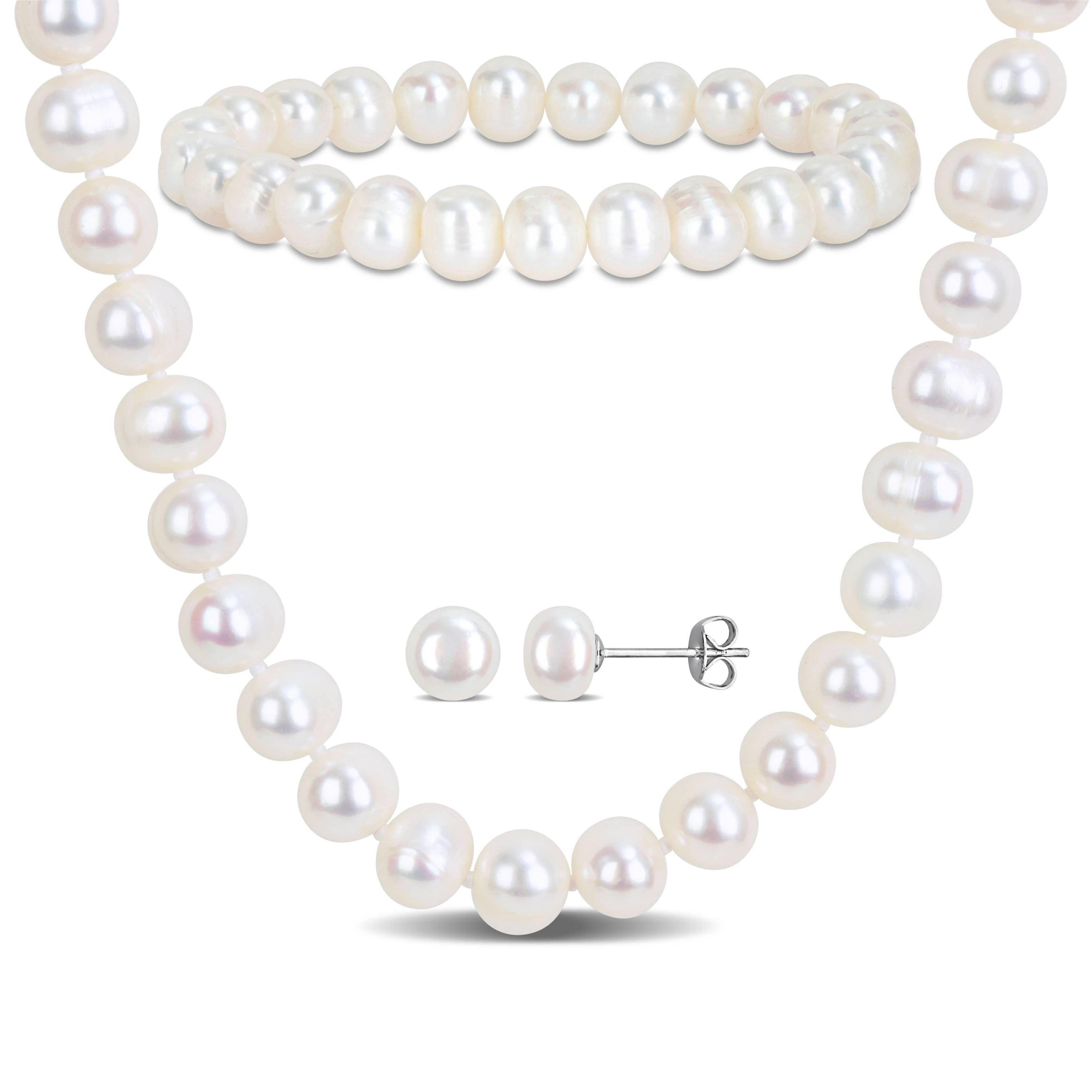 3-Piece Set of 7-8mm Freshwater Cultured Pearl Necklace, Bracelet & Earrings Set in Sterling Silver