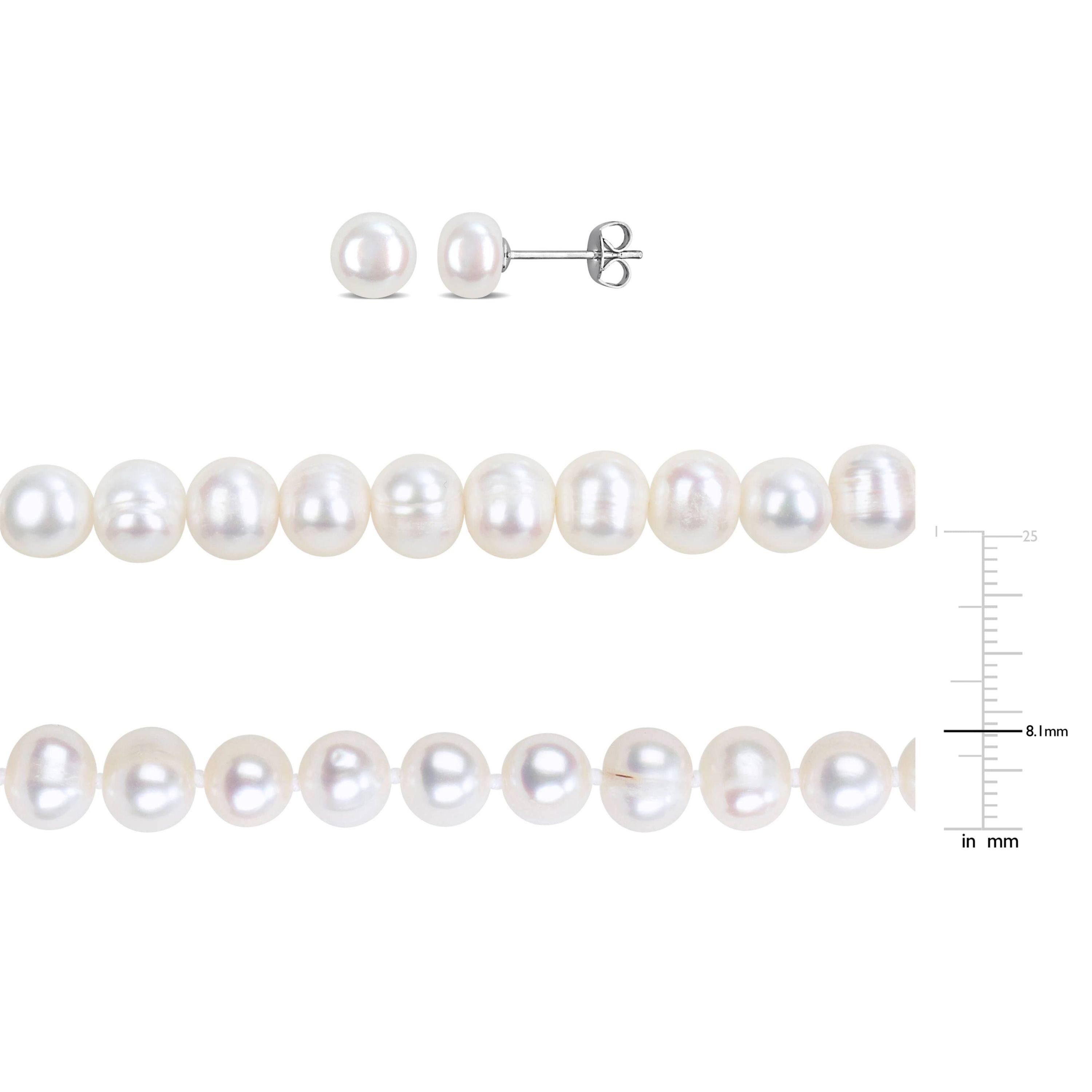 3-Piece Set of 7-8mm Freshwater Cultured Pearl Necklace, Bracelet & Earrings Set in Sterling Silver