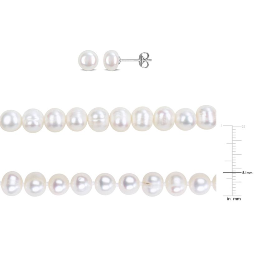 3-Piece Set of 7-8mm Freshwater Cultured Pearl Necklace, Bracelet & Earrings Set in Sterling Silver