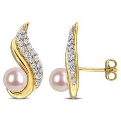 Belk & Co White Topaz & 6-6.5mm White Freshwater Cultured Pearl Post Earrings in Yellow Plated Sterling Silver