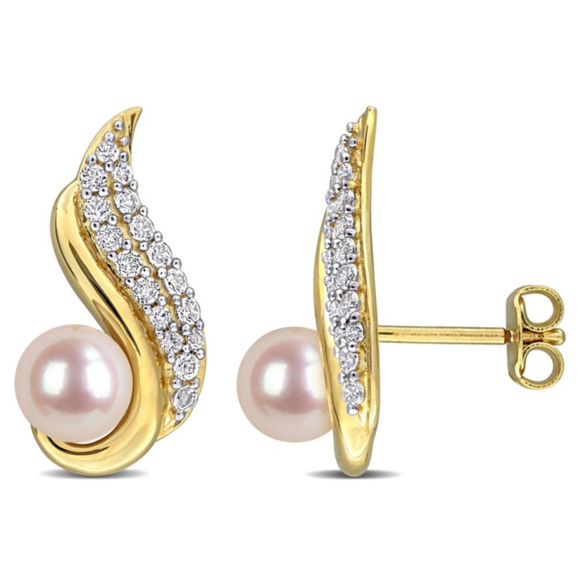 White Topaz & 6-6.5mm White Freshwater Cultured Pearl Post Earrings in Yellow Plated Sterling Silver
