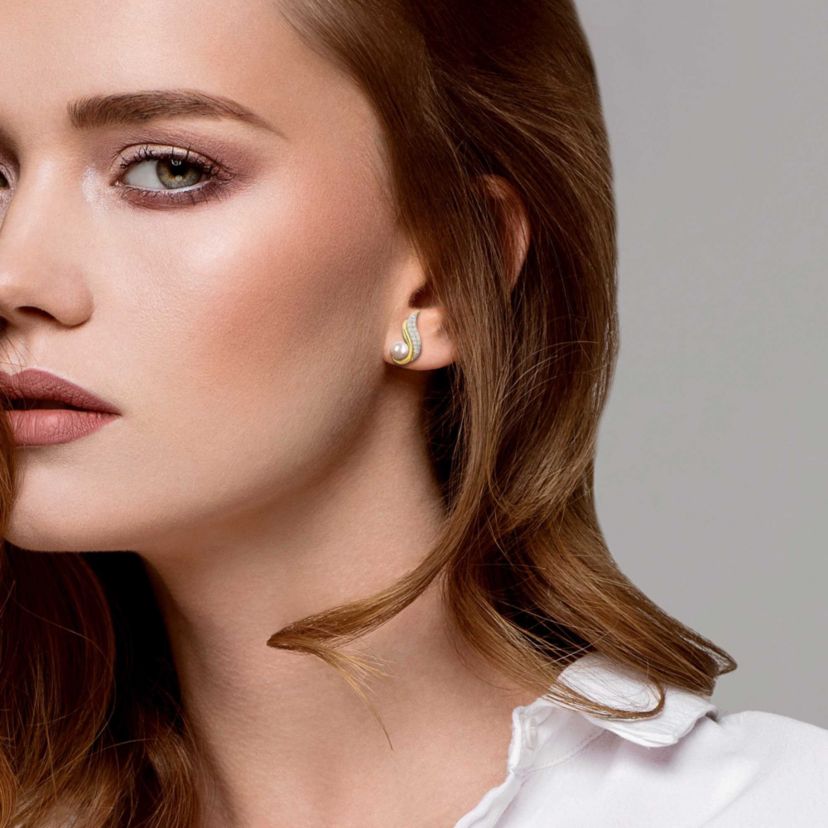 White Topaz & 6-6.5mm White Freshwater Cultured Pearl Post Earrings in Yellow Plated Sterling Silver