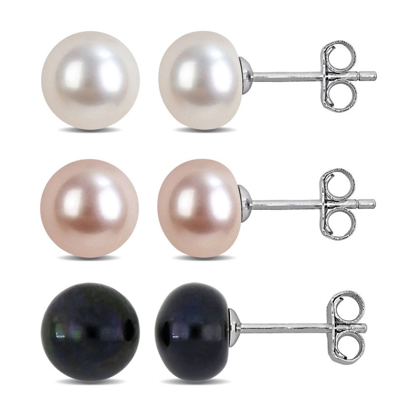 3 Pc Set of 7-8mm Pink, White & Black Button Freshwater Cultured Pearl Earrings in Sterling Silver
