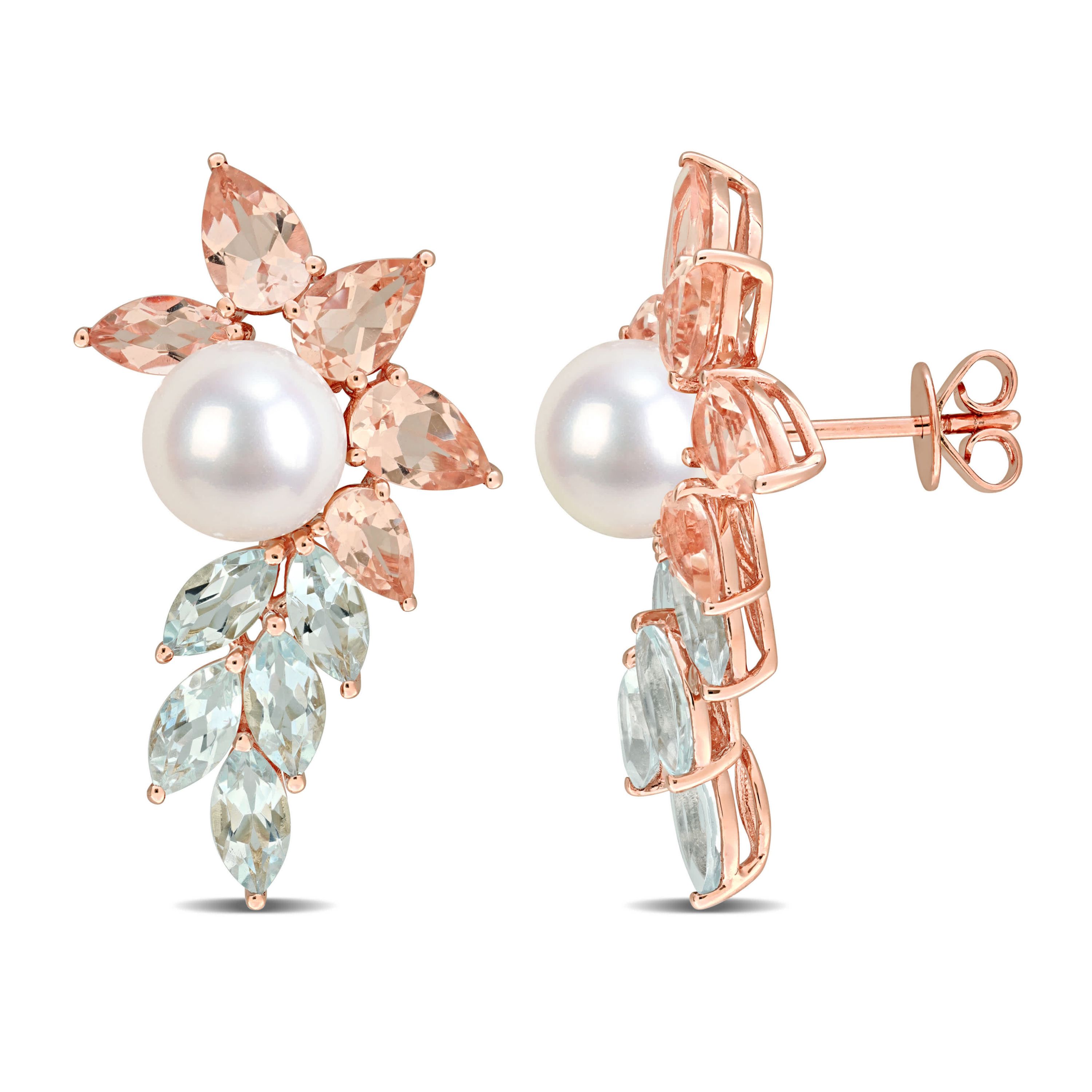 Aquamarine Morganite & 7.5-8 mm White Freshwater Cultured Pearl Post Earrings in 14k Rose Gold