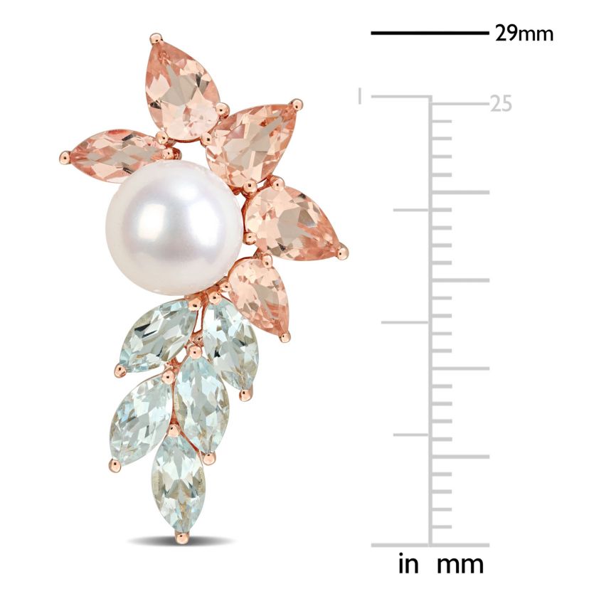 Aquamarine Morganite & 7.5-8 mm White Freshwater Cultured Pearl Post Earrings in 14k Rose Gold