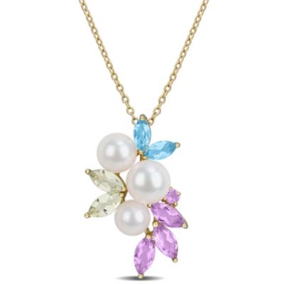 Belk & Co Swiss Blue Topaz Green Quartz, Rose de France & 5-7mm Freshwater Cultured Pearl Pendant With Chain in Yellow Plated Sterling Silver, 17-in