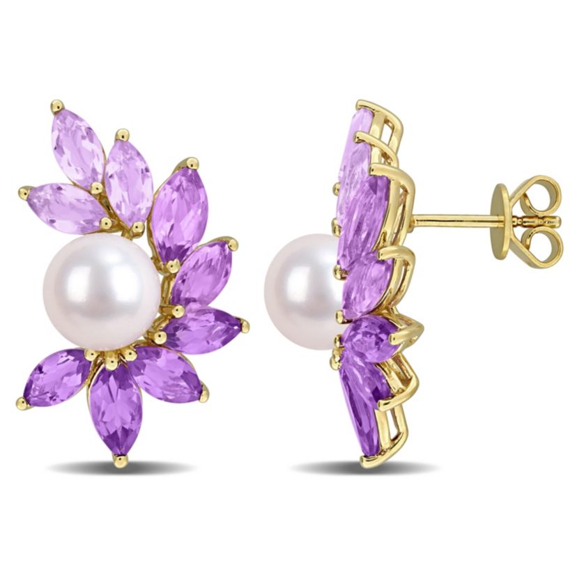 Amethyst-Africa, Amethyst, Rose de France & 8-9mm Freshwater Cultured Pearl Earrings in Yellow Plated Sterling Silver