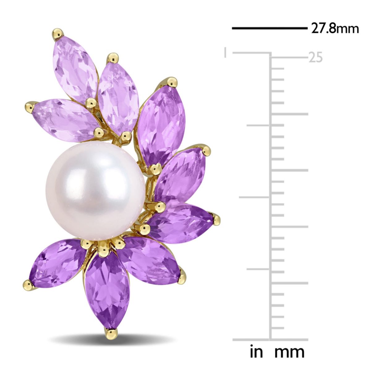 Amethyst-Africa, Amethyst, Rose de France & 8-9mm Freshwater Cultured Pearl Earrings in Yellow Plated Sterling Silver