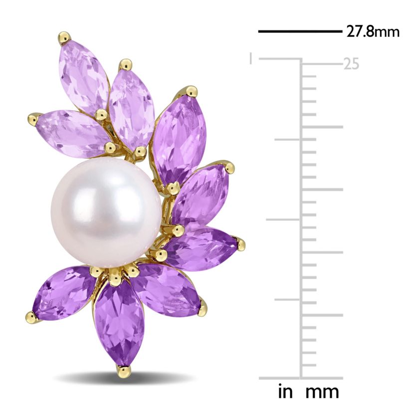 Amethyst-Africa, Amethyst, Rose de France & 8-9mm Freshwater Cultured Pearl Earrings in Yellow Plated Sterling Silver