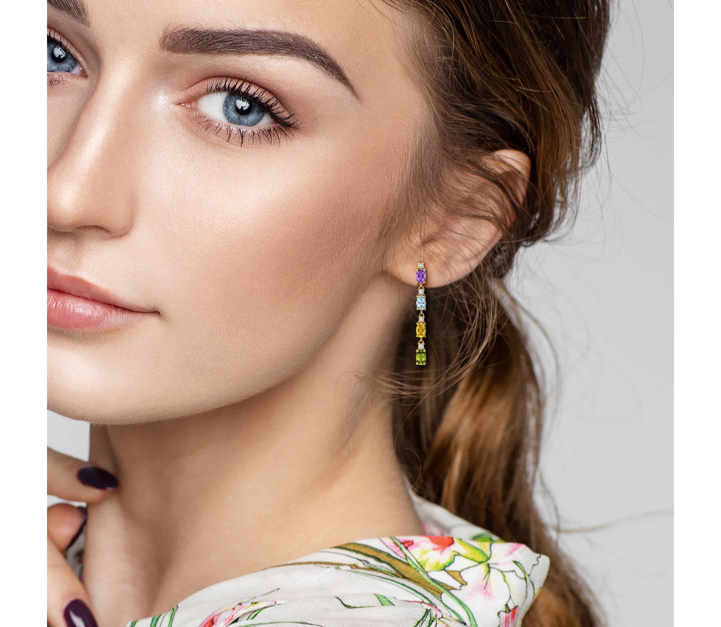 Amethyst, Blue Topaz Citrine Peridot & White Topaz Earrings in Yellow Plated Sterling Silver