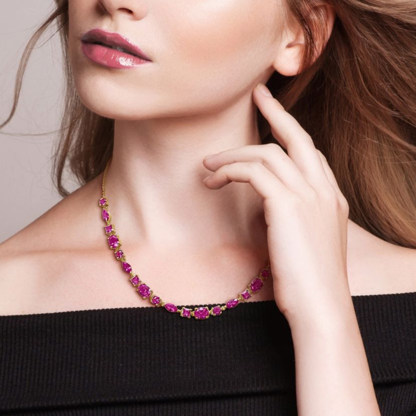 Lab Created Created Pink Sapphire Necklace in Yellow Plated Sterling Silver, 18"+1"ext
