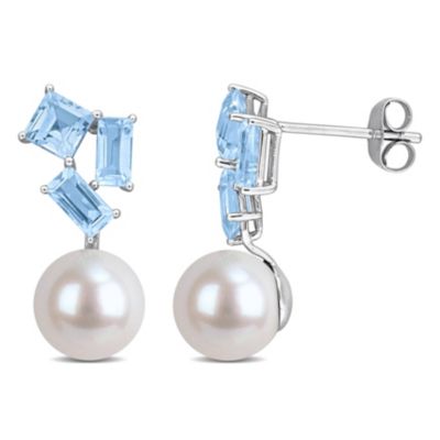Belk & Co Sky, Swiss Blue Topaz & 8-8.5mm White Freshwater Cultured Pearl Post Earrings in 10k White Gold