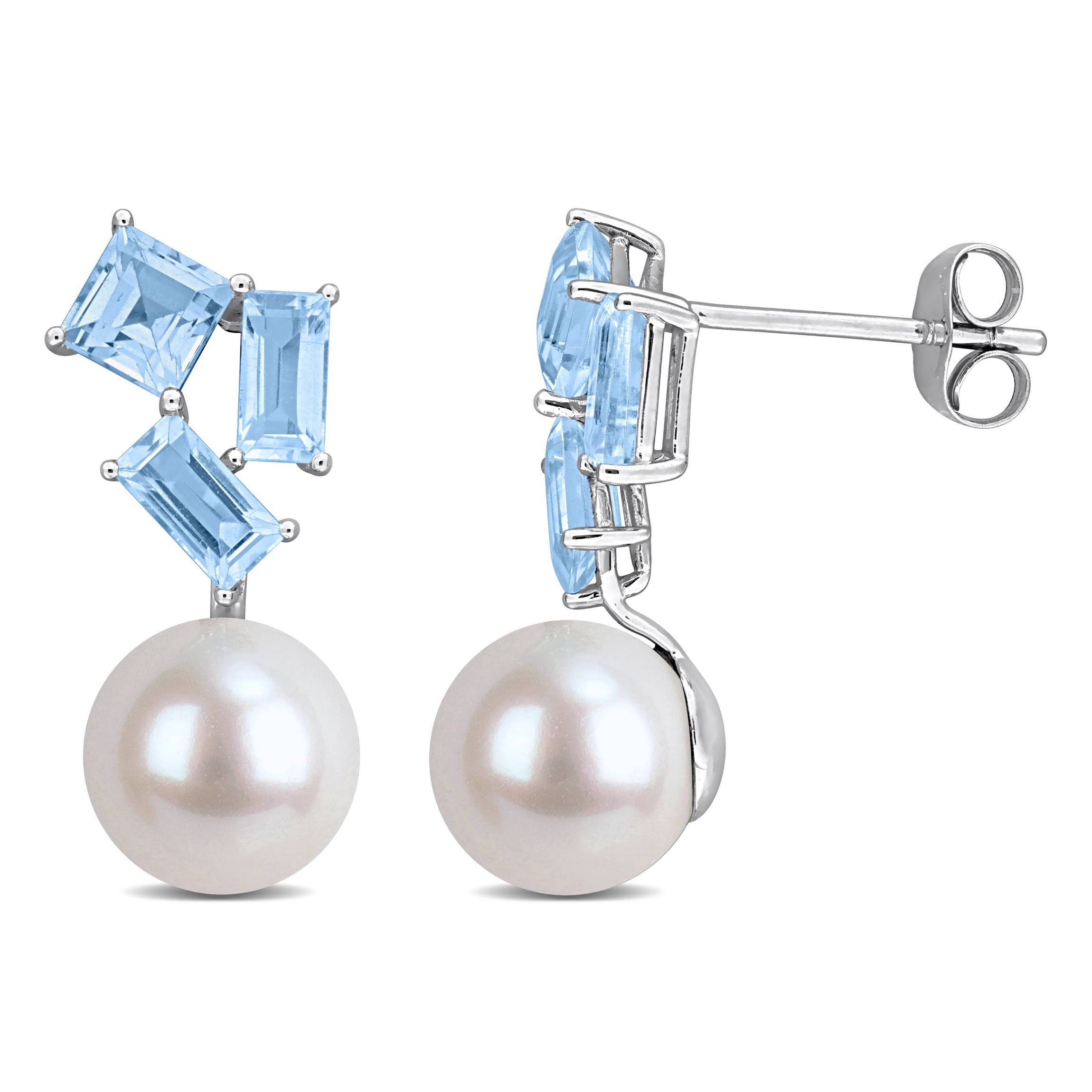 Sky, Swiss Blue Topaz & 8-8.5mm White Freshwater Cultured Pearl Post Earrings in 10k White Gold