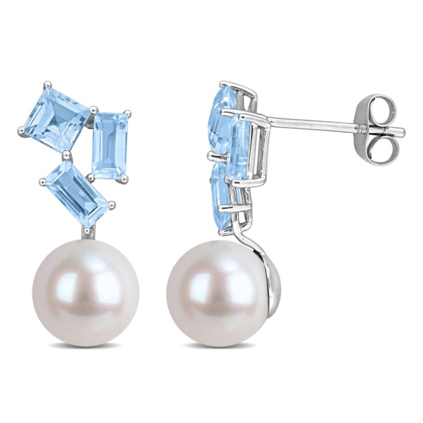 Sky, Swiss Blue Topaz & 8-8.5mm White Freshwater Cultured Pearl Post Earrings in 10k White Gold