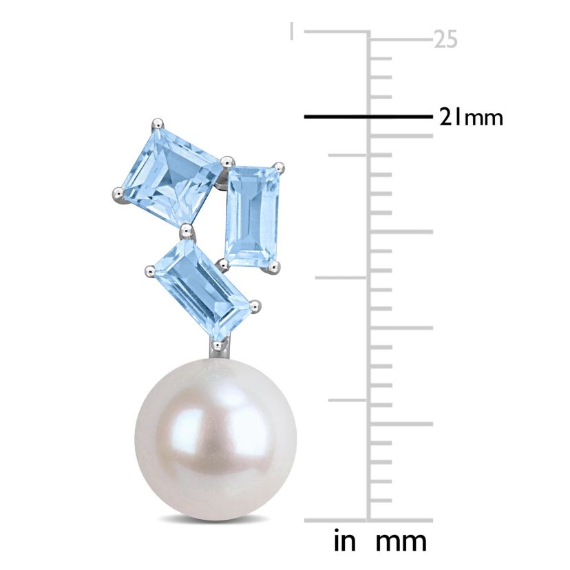 Sky, Swiss Blue Topaz & 8-8.5mm White Freshwater Cultured Pearl Post Earrings in 10k White Gold