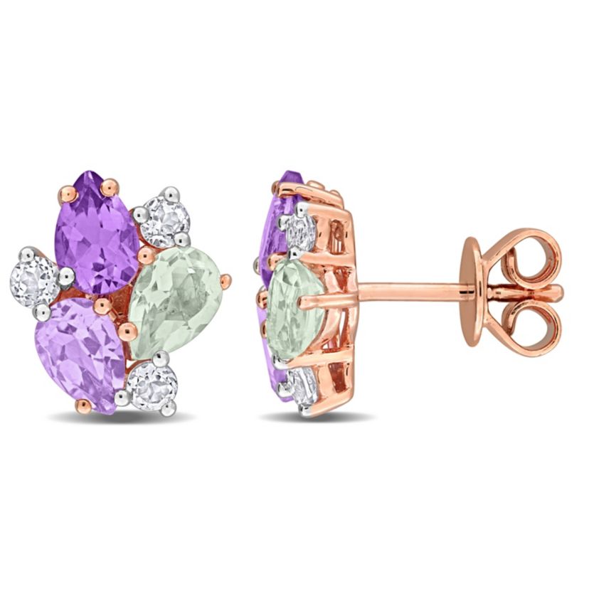Green Quartz, Rose de France, Amethyst & White Topaz Earrings in Rose Plated Sterling Silver