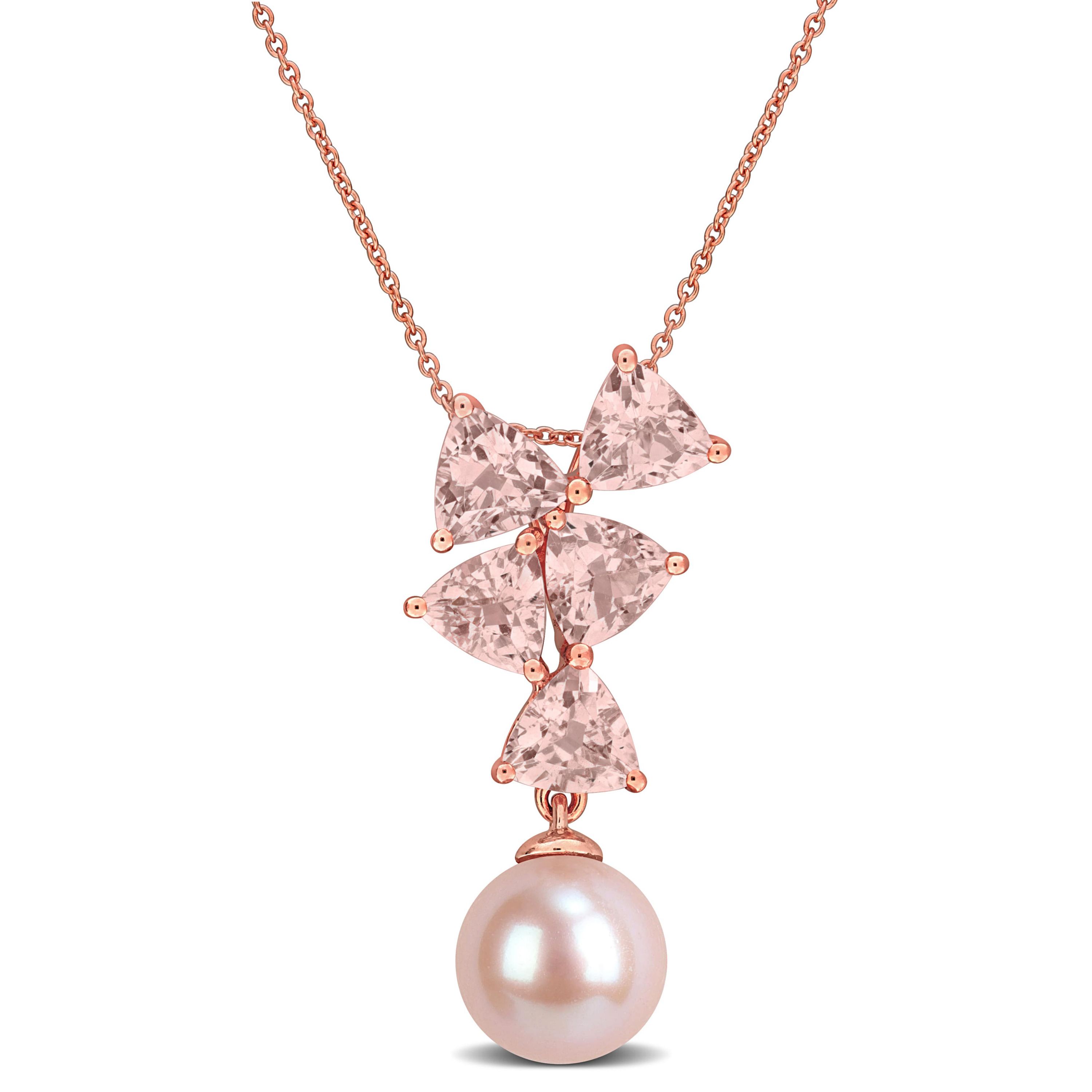 Morganite & 8-8.5mm Pink Freshwater Cultured Pearl Pendant With Chain in 10k Rose Gold, 17-in